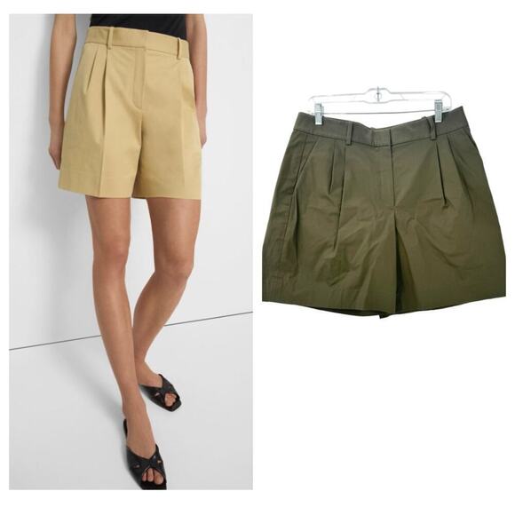 Theory Pants - Theory High-Rise Pleated Shorts in Stretch Cotton Twill Olive Size 10 NWOT